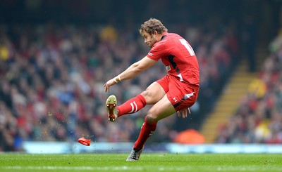 140315 - Wales v Ireland - RBS 6 Nations 2015 -Leigh Halfpenny of Wales kicks at goal