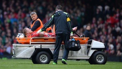 140315 - Wales v Ireland - RBS 6 Nations 2015 -Samson Lee of Wales leaves the field with an injury