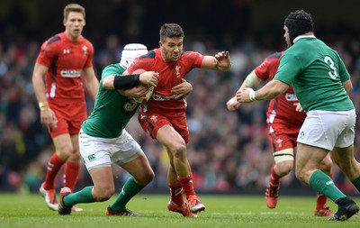 140315 - Wales v Ireland - RBS 6 Nations 2015 -Rhys Webb of Wales takes on Rory Best and Mike Ross of Ireland