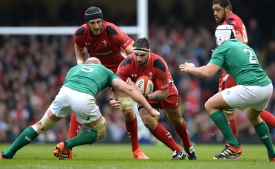 140315 - Wales v Ireland - RBS 6 Nations 2015 -Scott Baldwin of Wales is tackled by Paul O’Connell of Ireland