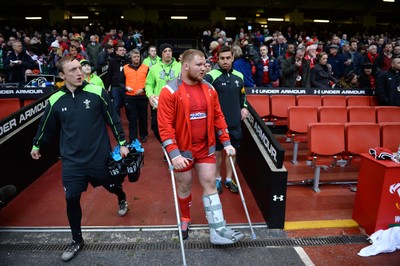 140315 - Wales v Ireland - RBS 6 Nations 2015 -Samson Lee of Wales on crutches during half time