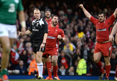 140315 - Wales v Ireland - RBS 6 Nations 2015 -Scott Baldwin and Aaron Jarvis of Wales celebrate at the final whistle