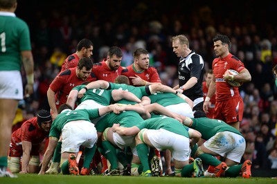 140315 - Wales v Ireland - RBS 6 Nations 2015 -Aaron Jarvis, Scott Baldwin and Rob Evans of Wales