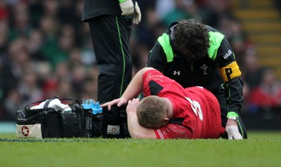 140315 - Wales v Ireland - RBS 6 Nations - Samson Lee of Wales down injured