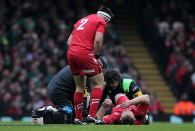 140315 - Wales v Ireland - RBS 6 Nations - Samson Lee of Wales down injured