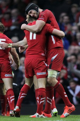 140315 - Wales v Ireland - RBS 6 Nations - Liam Williams and Luke Charteris of Wales celebrate at full time