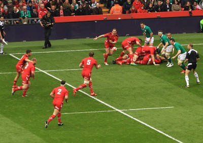 140315 - Wales v Ireland - RBS 6 Nations -George North of Wales stands in at scrum hallf