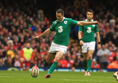 140315 - Wales v Ireland - RBS 6 Nations -Johnny Sexton of Ireland kicks a goal