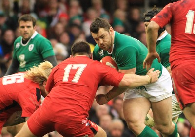 140315 - Wales v Ireland - RBS 6 Nations -Cian Healy of Ireland takes on Rob Evans of Wales