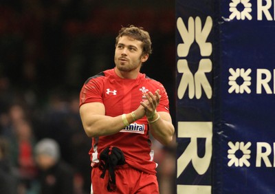 140315 - Wales v Ireland - RBS 6 Nations -Leigh Halfpenny of Wales applauds the crowd