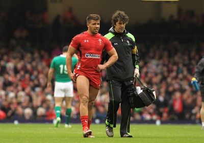 140315 - Wales v Ireland - RBS 6 Nations -Rhys Webb of Wales receives treatment