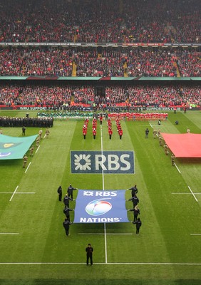 140315 - Wales v Ireland - RBS 6 Nations -Players of Wales and Ireland line up for the National Anthems