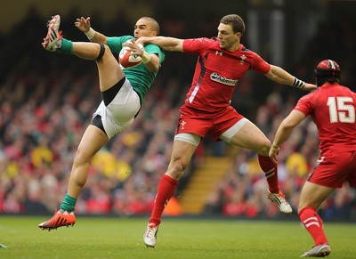 140315 - Wales v Ireland, RBS 6 Nations 2015 - Simon Zebo of Ireland and George North of Wales compete for the ball