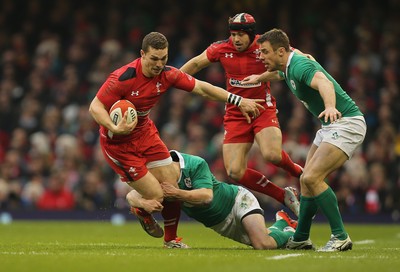 140315 - Wales v Ireland, RBS 6 Nations 2015 - George North of Wales is tackled by Jonny Sexton of Ireland