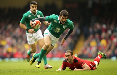 140315 - Wales v Ireland, RBS 6 Nations 2015 - Jared Payne of Ireland breaks away from Jamie Roberts of Wales