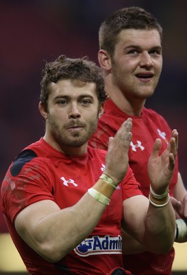 140315 - Wales v Ireland, RBS 6 Nations 2015 - Leigh Halfpenny of Wales and Dan Lydiate of Wales applaud the crowd at the end of the match