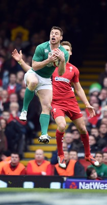 140315 - Wales v Ireland - RBS Six Nations - Ireland's Tommy Bowe and Liam Williams compete