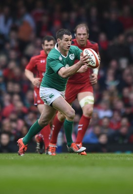 140315 - Wales v Ireland - RBS Six Nations - Ireland's Johnny Sexton is watched by Alun Wyn Jones