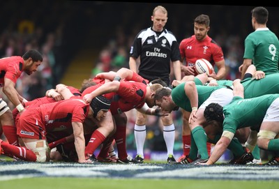 140315 - Wales v Ireland - RBS Six Nations - The teams pack down for a scrum