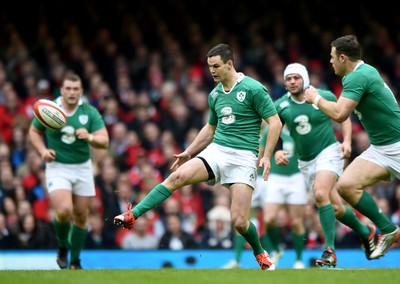 140315 - Wales v Ireland - RBS Six Nations - Johnny Sexton of Ireland kicks through