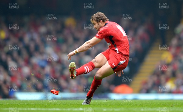 140315 - Wales v Ireland - RBS 6 Nations 2015 -Leigh Halfpenny of Wales kicks at goal