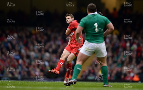 140315 - Wales v Ireland - RBS 6 Nations 2015 -Dan Biggar of Wales kicks at drop goal