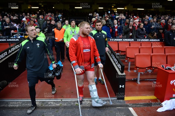 140315 - Wales v Ireland - RBS 6 Nations 2015 -Samson Lee of Wales on crutches during half time