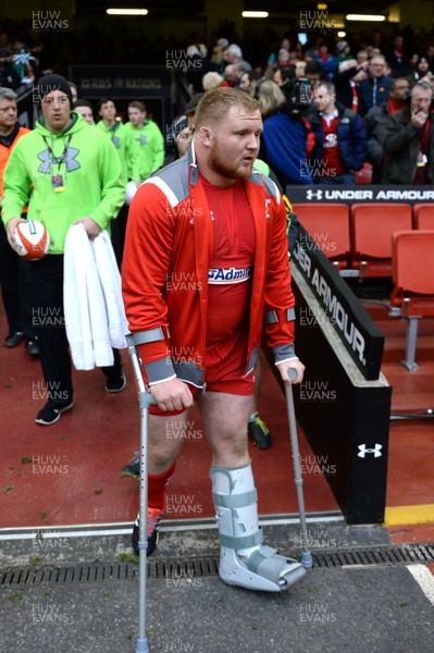 140315 - Wales v Ireland - RBS 6 Nations 2015 -Samson Lee of Wales on crutches during half time