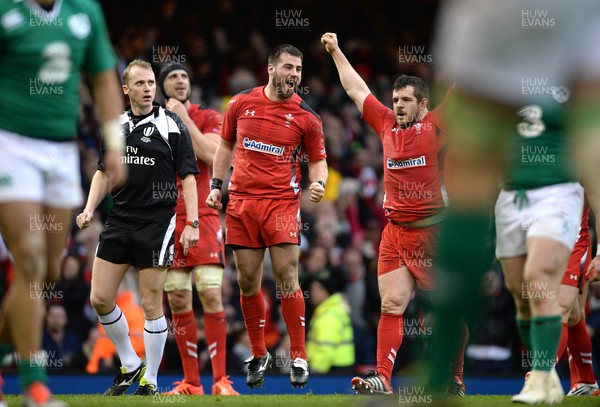 140315 - Wales v Ireland - RBS 6 Nations 2015 -Scott Baldwin and Aaron Jarvis of Wales celebrate at the final whistle