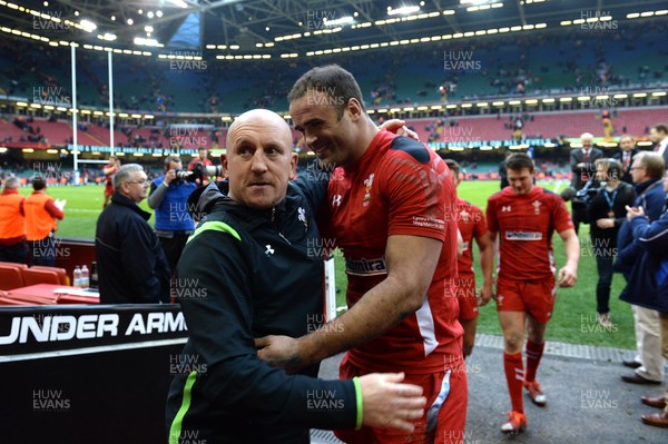 140315 - Wales v Ireland - RBS 6 Nations 2015 -Shaun Edwards and Jamie Roberts at the end of the game