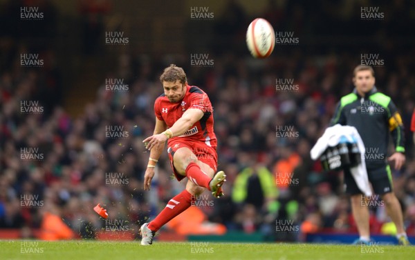 140315 - Wales v Ireland - RBS 6 Nations 2015 -Leigh Halfpenny of Wales kicks at goal