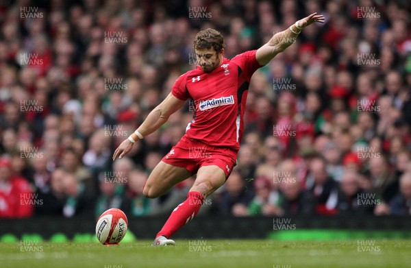 140315 - Wales v Ireland - RBS 6 Nations - Leigh Halfpenny of Wales kicks a penalty