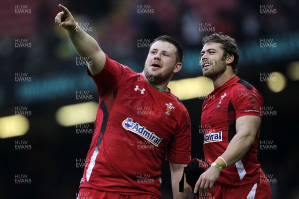 140315 - Wales v Ireland - RBS 6 Nations - Rob Evans Leigh Halfpenny thank the fans