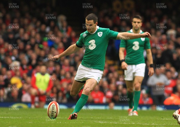 140315 - Wales v Ireland - RBS 6 Nations -Johnny Sexton of Ireland kicks a goal