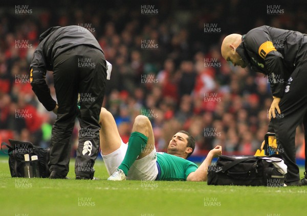 140315 - Wales v Ireland - RBS 6 Nations -Rob Kearney of Ireland receives treatment