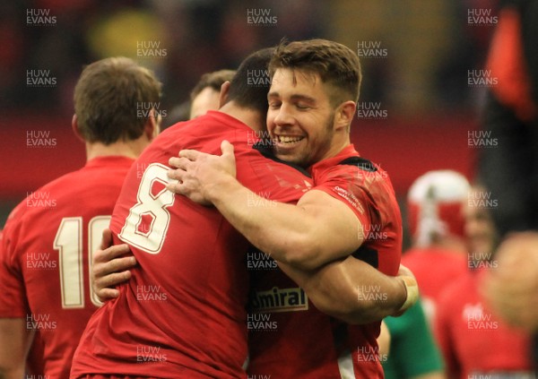 140315 - Wales v Ireland - RBS 6 Nations -Rhys Webb celebrates with Taulupe Faletau of Wales at the end of the game