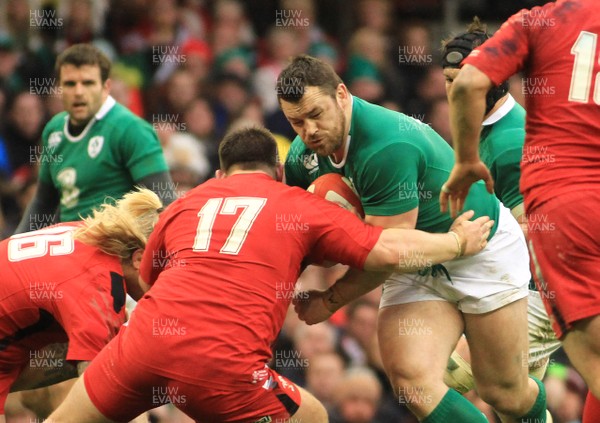 140315 - Wales v Ireland - RBS 6 Nations -Cian Healy of Ireland takes on Rob Evans of Wales