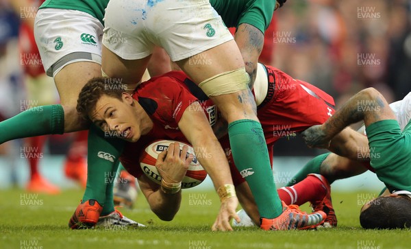 140315 - Wales v Ireland, RBS 6 Nations 2015 - Liam Williams of Wales looks for the try line after being tackled by Rob Kearney of Ireland