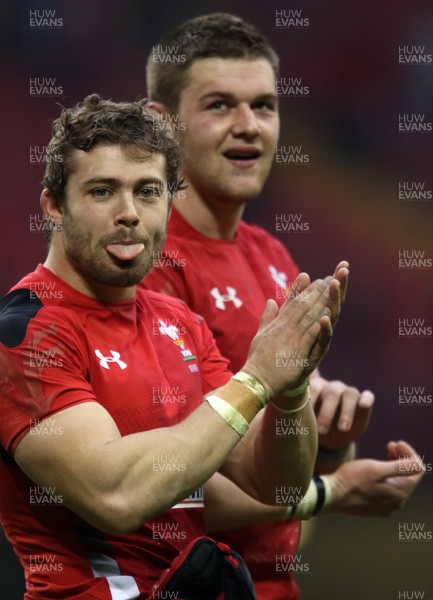 140315 - Wales v Ireland, RBS 6 Nations 2015 - Leigh Halfpenny of Wales and Dan Lydiate of Wales applaud the crowd at the end of the match