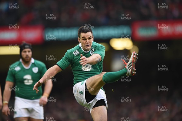 140315 - Wales v Ireland - RBS Six Nations - Ireland's Johnny Sexton kicks through