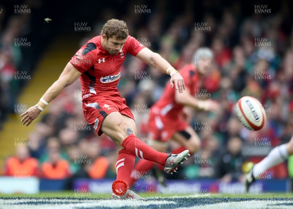 140315 - Wales v Ireland - RBS Six Nations - Leigh Halfpenny of Wales kicks for goal