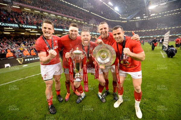 160319 - Wales v Ireland - Guinness Six Nations - Jonathan Davies, Dan Biggar, Rob Evans, Hadleigh Parkes and Gareth Davies of Wales celebrates