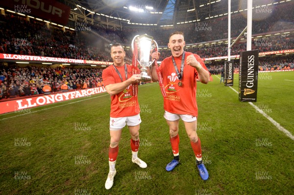 160319 - Wales v Ireland - Guinness Six Nations - Gareth Davies and Josh Adams of Wales celebrates