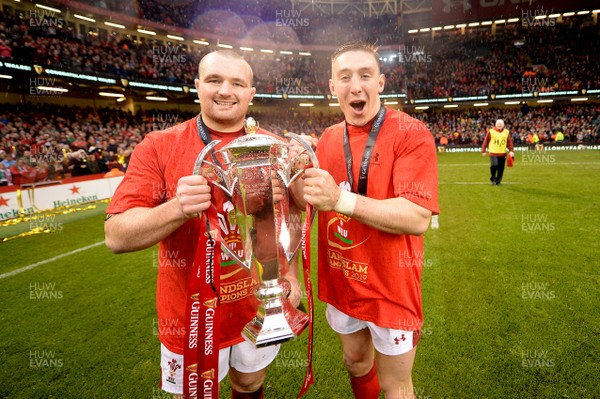 160319 - Wales v Ireland - Guinness Six Nations - Ken Owens and Josh Adams of Wales celebrates