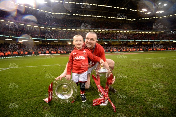 160319 - Wales v Ireland - Guinness Six Nations - Ken Owens and son Evan of Wales celebrates