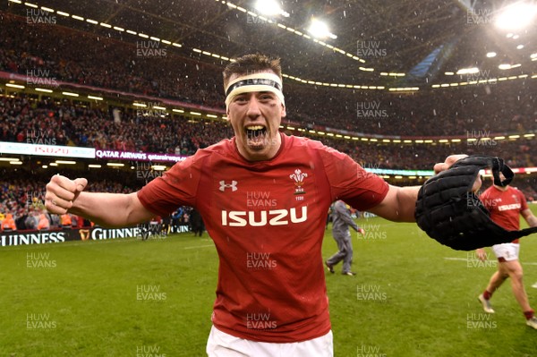 160319 - Wales v Ireland - Guinness Six Nations - Adam Beard of Wales celebrates at the end of the game