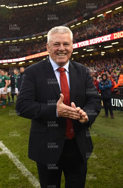 160319 - Wales v Ireland - Guinness Six Nations - Warren Gatland of Wales celebrates at the end of the game