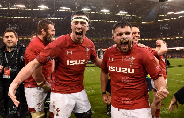 160319 - Wales v Ireland - Guinness Six Nations - Adam Beard and Nicky Smith of Wales celebrates at the end of the game