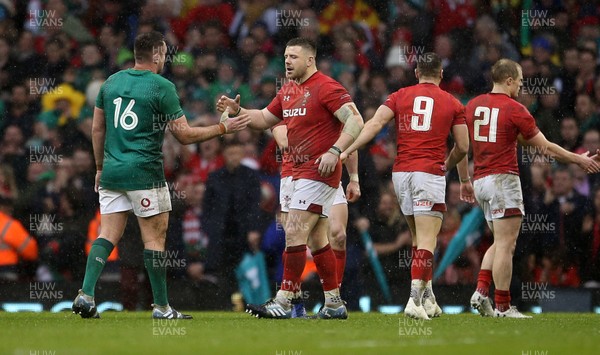 160319 - Wales v Ireland - Guinness 6 Nations Championship - Rob Evans of Wales shake hands with Niall Scannell of Ireland