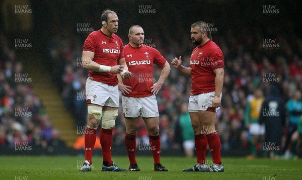 160319 - Wales v Ireland - Guinness 6 Nations Championship - Alun Wyn Jones, Ken Owens and Tomas Francis of Wales